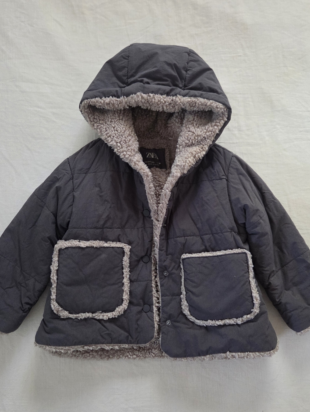 Zara Kids Gray Hooded Sherpa-Lined Coat Jacket 3t 4t Boys Girls Neutral